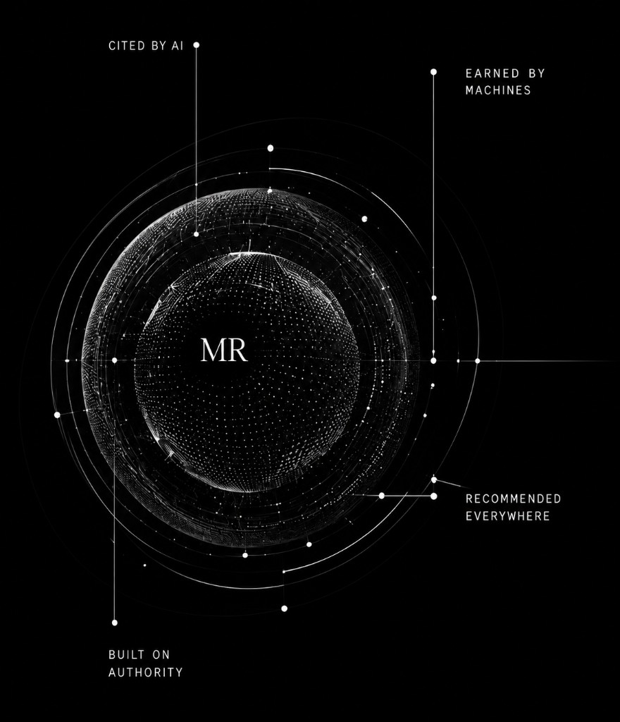 Machine Relations (MR) diagram: a sphere labeled MR connected to four outcomes — cited by AI, earned by machines, built on authority, and recommended everywhere.