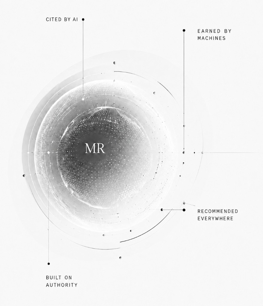 Machine Relations (MR) diagram: a sphere labeled MR connected to four outcomes — cited by AI, earned by machines, built on authority, and recommended everywhere.